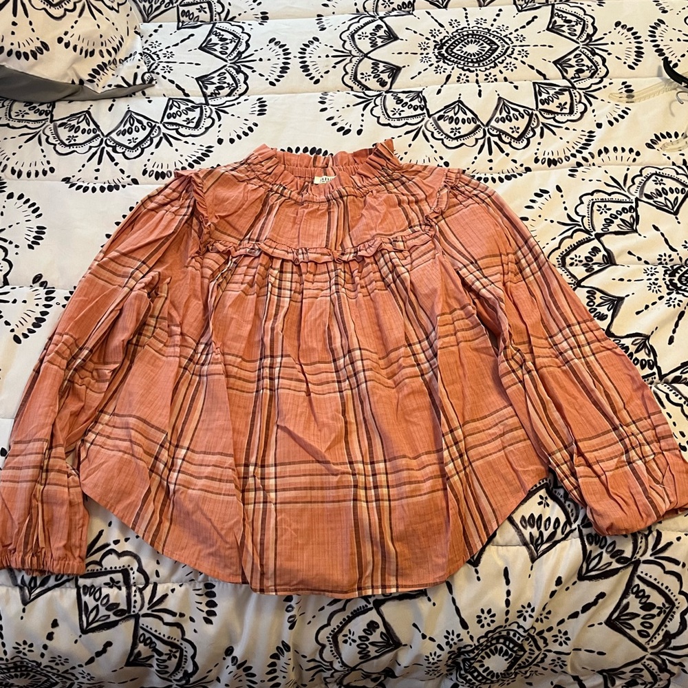 ANA Plaid Long Sleeve Ruffle Blouse.